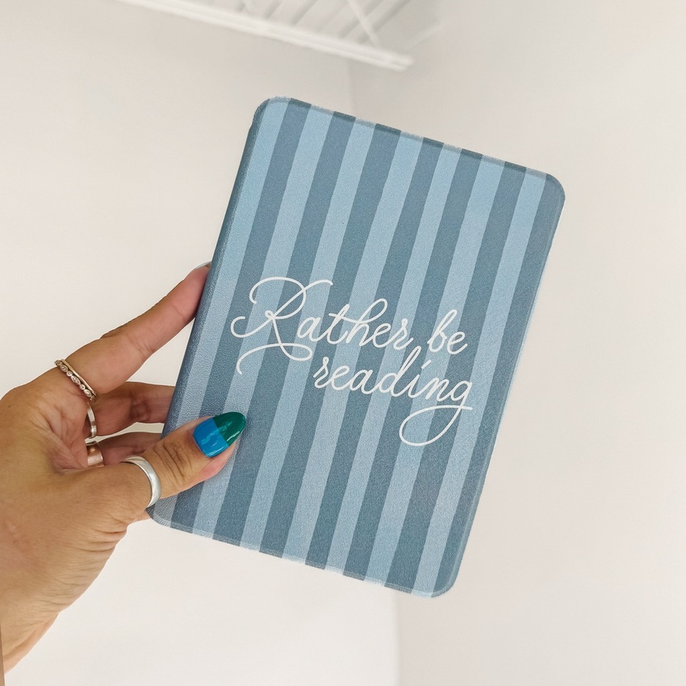 NWOT Rather be Reading Blue Striped Kindle Gen 11 Tablet Cover with hand strap